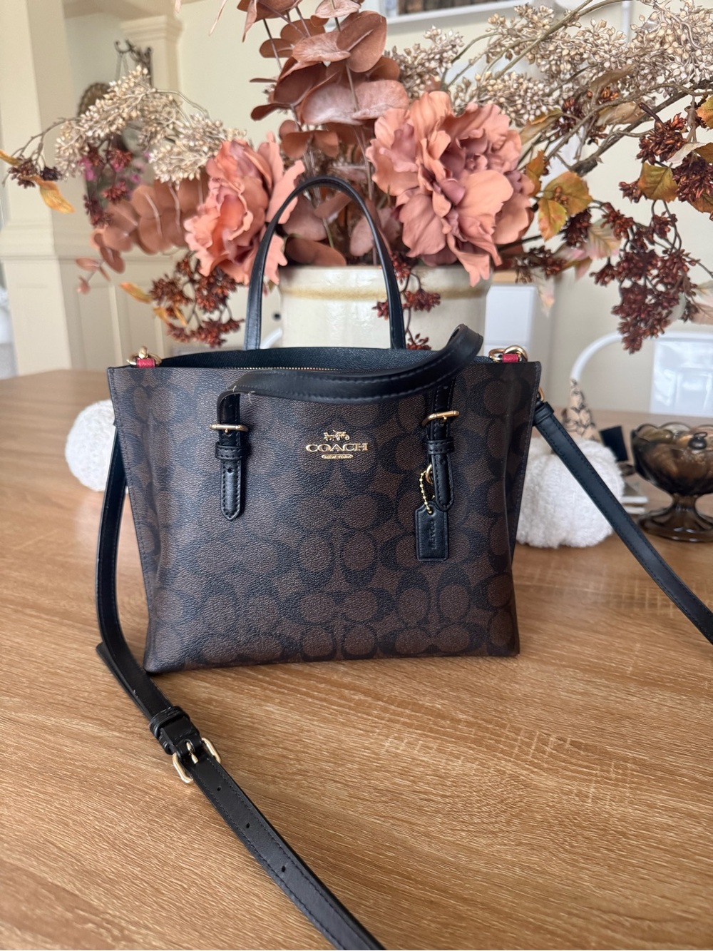 Coach Brown Signature Crossbody Tote with Black Trim